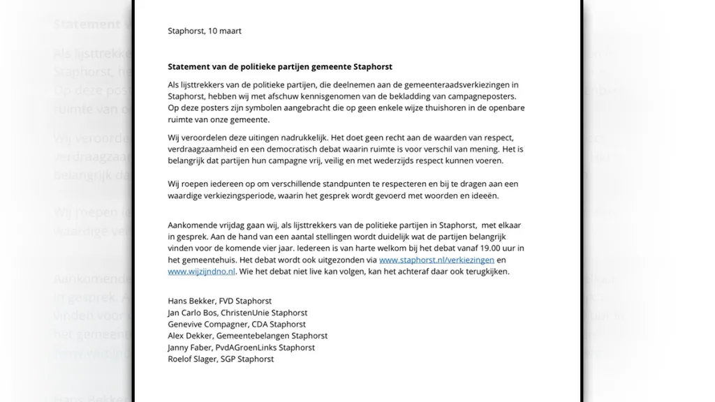 Lijsttrekkers Staphorst veroordelen posterbekladding